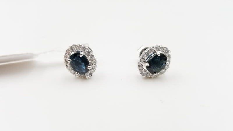 SAPPHIRES WITH DIAMONDS TRADITIONAL STYLE 18 KARAT WHITE GOLD STUDS EARRINGS