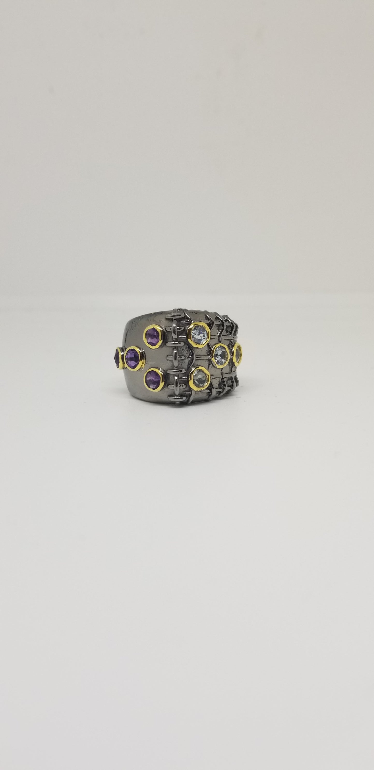 MULTI COLOR BLUE TOPAZ/AMETHYST BLACK RHODIUM STERLING SILVER RING