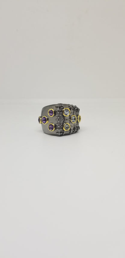 MULTI COLOR BLUE TOPAZ/AMETHYST BLACK RHODIUM STERLING SILVER RING