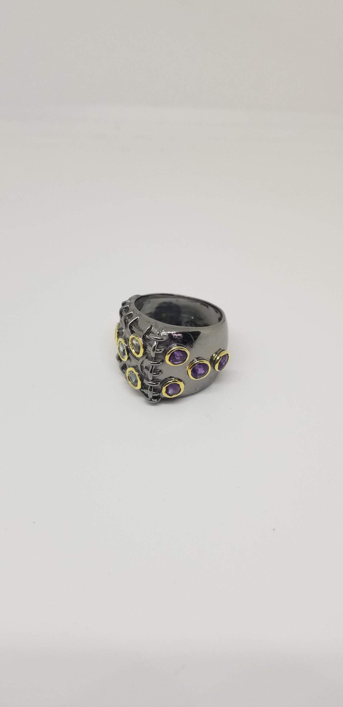 MULTI COLOR BLUE TOPAZ/AMETHYST BLACK RHODIUM STERLING SILVER RING