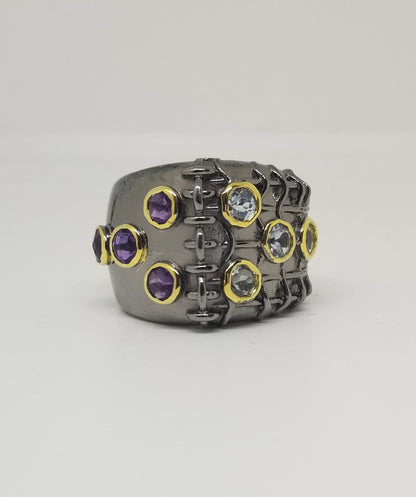 MULTI COLOR BLUE TOPAZ/AMETHYST BLACK RHODIUM STERLING SILVER RING