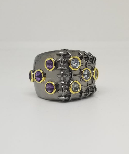 MULTI COLOR BLUE TOPAZ/AMETHYST BLACK RHODIUM STERLING SILVER RING