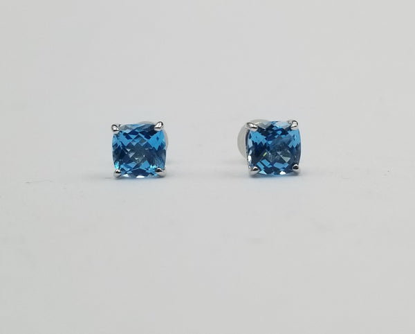 BLUE TOPAZ 6MM SQUARE 14 KT WHITE GOLD STUDS EARRINGS