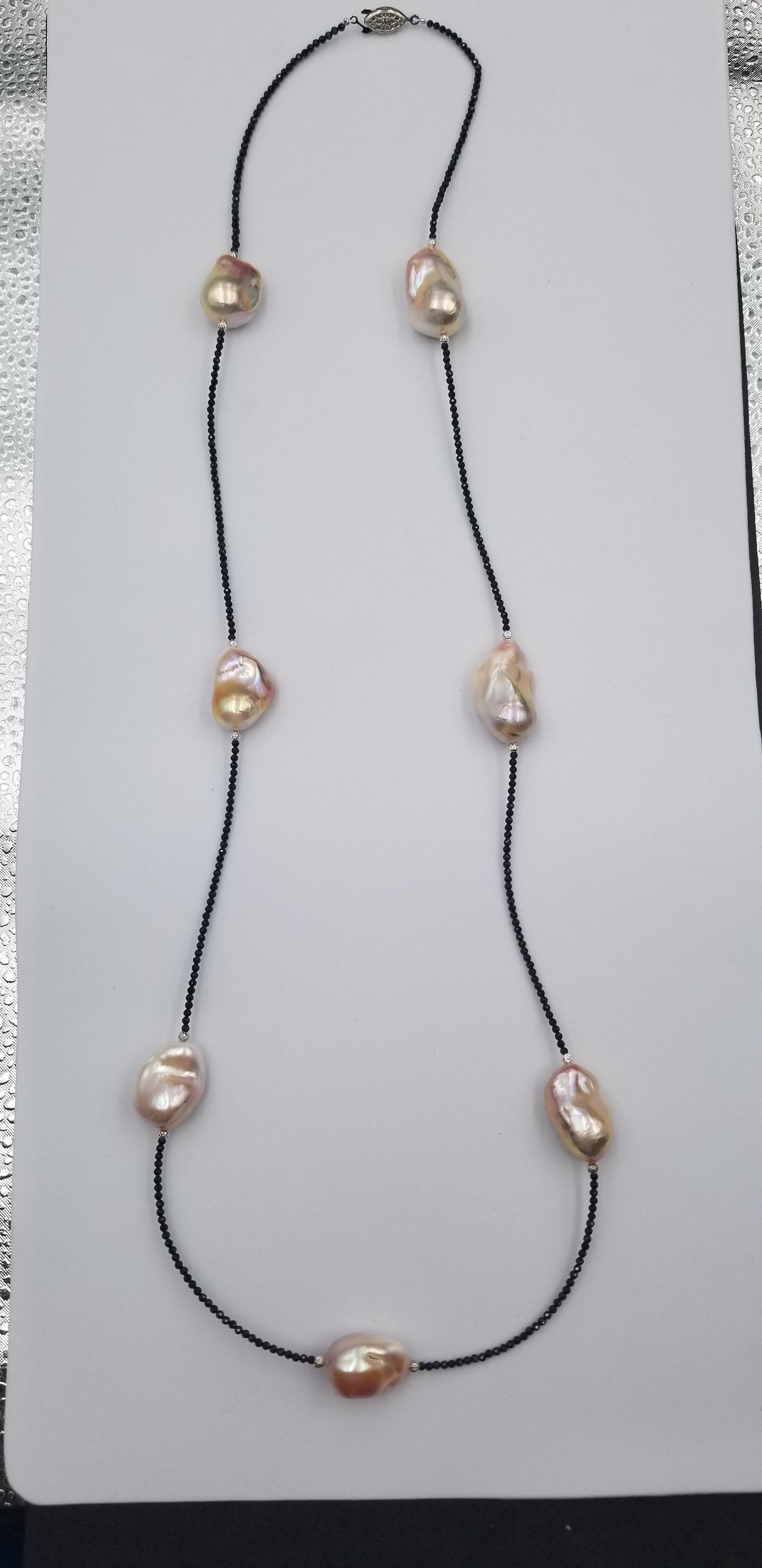 38" LONG BAROQUE SHAPE PEACH COLOR FRESHWATER CULTURED PEARLS 14KT YELLOW GOLD NECKLACE