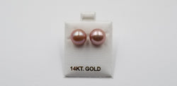 12-13 MM FRESHWATER CULTURED PINK-PEACH COLOR 14 KT YELLOW GOLD STUDS EARRINGS