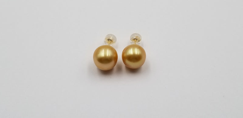 12-13 MM GOLDEN COLOR SOUTHSEA PEARLS 14 KT YELLOW GOLD STUDS EARRINGS