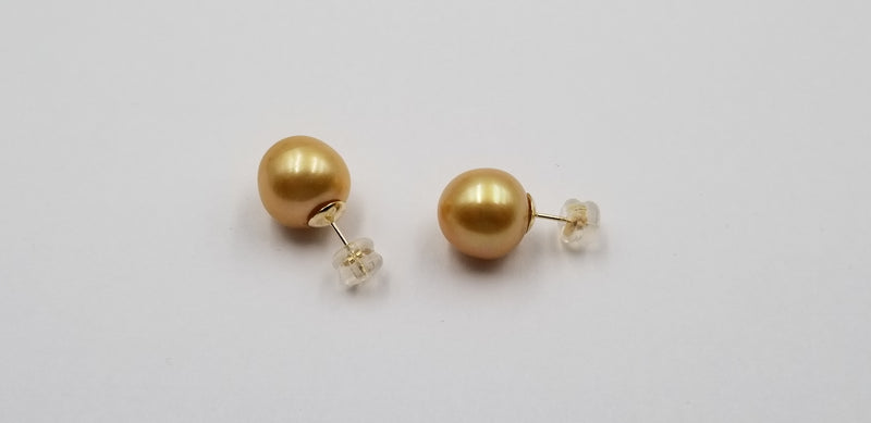 12-13 MM GOLDEN COLOR SOUTHSEA PEARLS 14 KT YELLOW GOLD STUDS EARRINGS