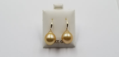 12-13 MM BAROQUE SHAPE NATURAL GOLDEN COLOR SOUTHSEA PEARL 18 KT YELLOW GOLD WIRE EARRINGS