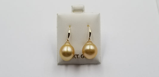 12-13 MM BAROQUE SHAPE NATURAL GOLDEN COLOR SOUTHSEA PEARL 18 KT YELLOW GOLD WIRE EARRINGS