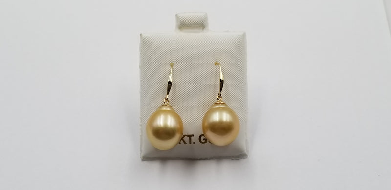 12-13 MM BAROQUE SHAPE NATURAL GOLDEN COLOR SOUTHSEA PEARL 18 KT YELLOW GOLD WIRE EARRINGS