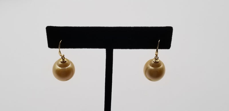 12-13 MM BAROQUE SHAPE NATURAL GOLDEN COLOR SOUTHSEA PEARL 18 KT YELLOW GOLD WIRE EARRINGS