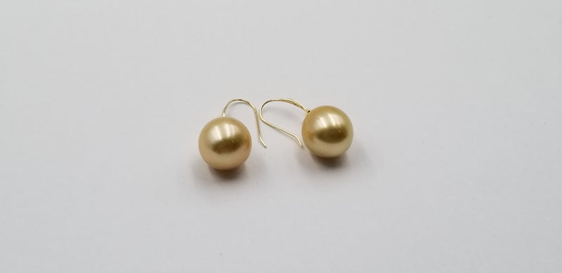 12-13 MM BAROQUE SHAPE NATURAL GOLDEN COLOR SOUTHSEA PEARL 18 KT YELLOW GOLD WIRE EARRINGS