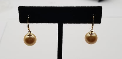 10-11 MM NATURAL COLOR ROUND GOLDEN SOUTHSEA PEARLS 18 KT YELLOW GOLD WIRE EARRINGS