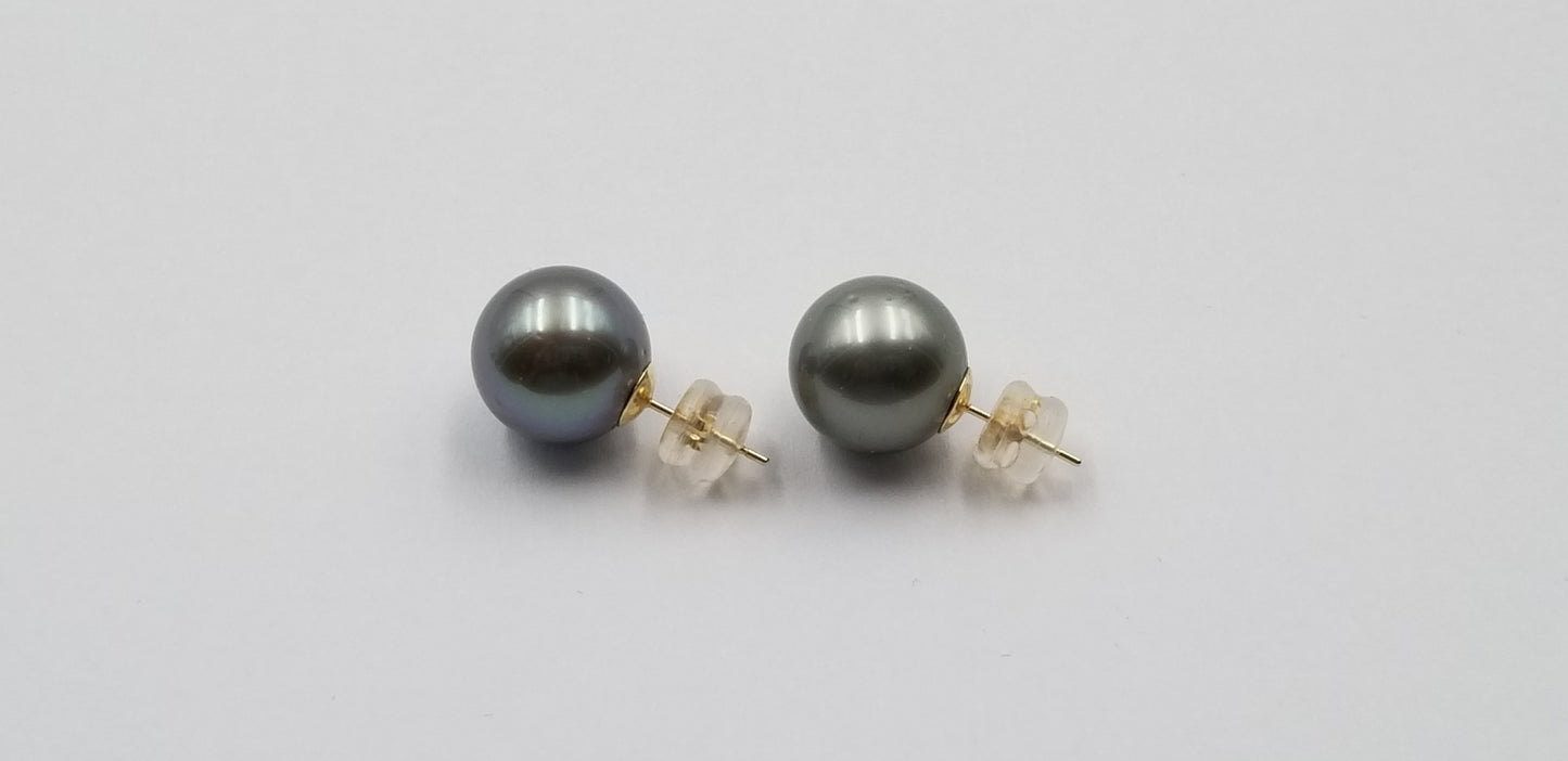 12-13 MM TAHITIAN PEARLS 14 KT YELLOW GOLD STUDS EARRINGS