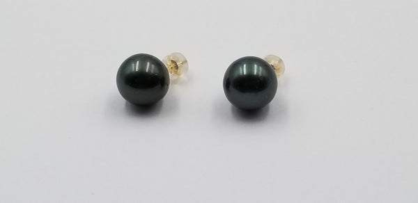 13-14 MM NATURAL COLOR BLACK TAHITIAN PEARLS 14 KT YELLOW GOLD STUDS EARRINGS