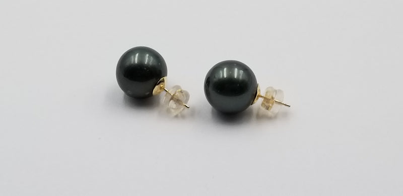 13-14 MM NATURAL COLOR BLACK TAHITIAN PEARLS 14 KT YELLOW GOLD STUDS EARRINGS