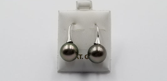 12-13 MM NATURAL COLOR BLACK TAHITIAN PEARLS 18 KT WHITE GOLD WIRE EARRINGS