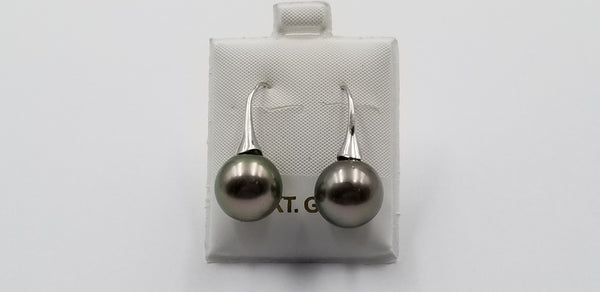 12-13 MM NATURAL COLOR BLACK TAHITIAN PEARLS 18 KT WHITE GOLD WIRE EARRINGS