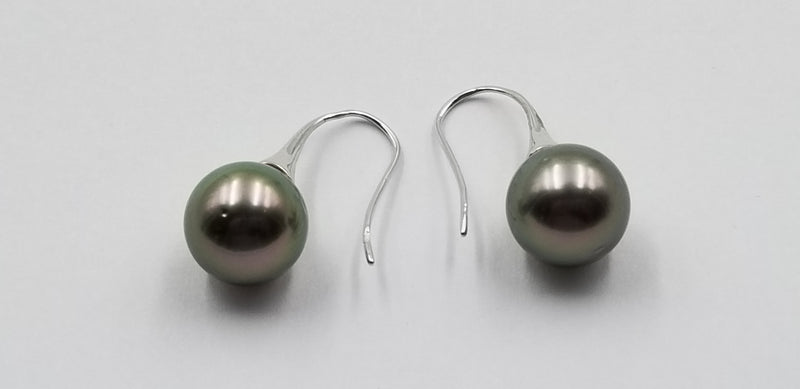 12-13 MM NATURAL COLOR BLACK TAHITIAN PEARLS 18 KT WHITE GOLD WIRE EARRINGS