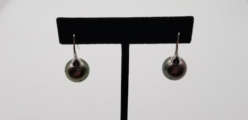 12-13 MM NATURAL COLOR BLACK TAHITIAN PEARLS 18 KT WHITE GOLD WIRE EARRINGS