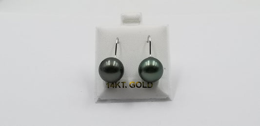 12-13 MM NATURAL COLOR BLACK TAHITIAN PEARLS 14 KT WHITE GOLD WIRE EARRINGS