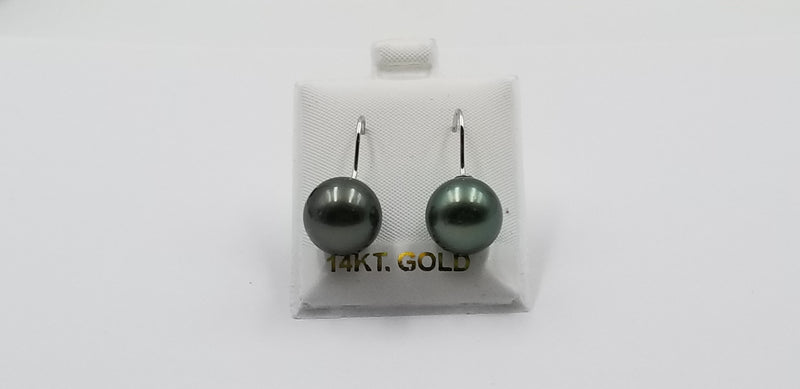 12-13 MM NATURAL COLOR BLACK TAHITIAN PEARLS 14 KT WHITE GOLD WIRE EARRINGS