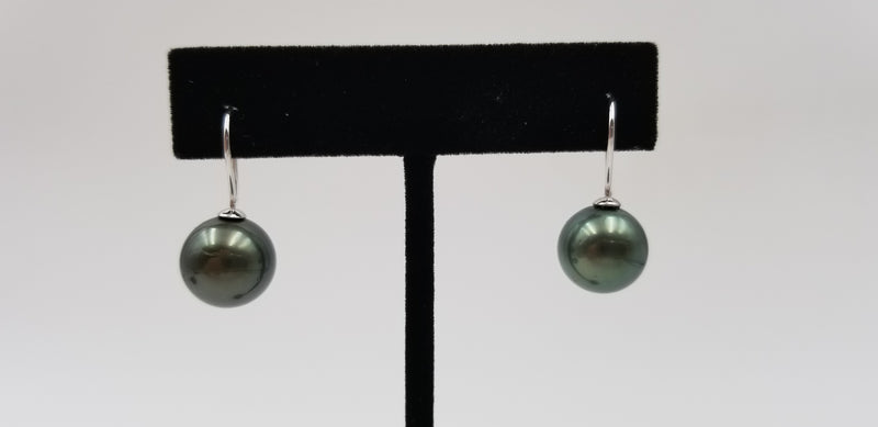 12-13 MM NATURAL COLOR BLACK TAHITIAN PEARLS 14 KT WHITE GOLD WIRE EARRINGS