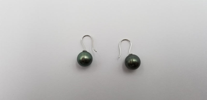 12-13 MM NATURAL COLOR BLACK TAHITIAN PEARLS 14 KT WHITE GOLD WIRE EARRINGS