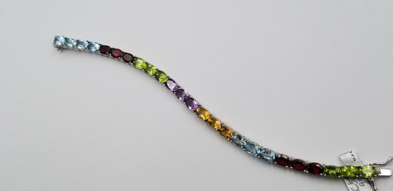 MULTI COLOR GEMSTONES OVAL 5X7 MM STERLING SILVER TENNIS BRACELET