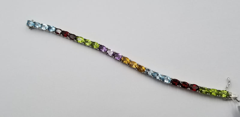 MULTI COLOR GEMSTONES OVAL 5X7 MM STERLING SILVER TENNIS BRACELET