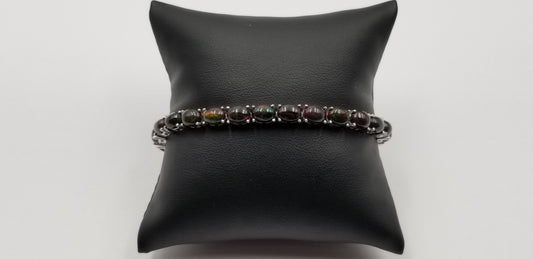 BLACK OPAL 5X7MM OVAL CABOCHON CUT STERLING SILVER BRACELET