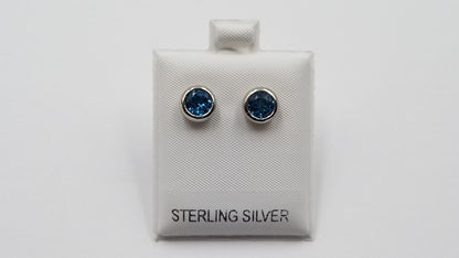 BLUE TOPAZ 6 MM BEZEL SET STERLING SILVER STUD EARRINGS