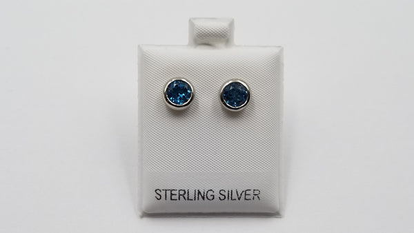 BLUE TOPAZ 6 MM BEZEL SET STERLING SILVER STUD EARRINGS