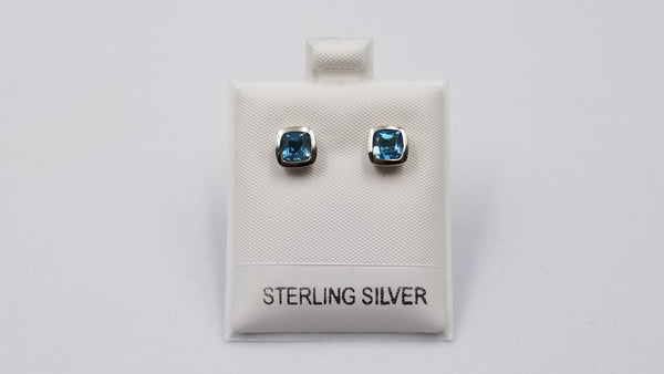 BLUE TOPAZ 5X5 MM SQUARE BEZEL SET STERLING SILVER STUDS EARRINGS