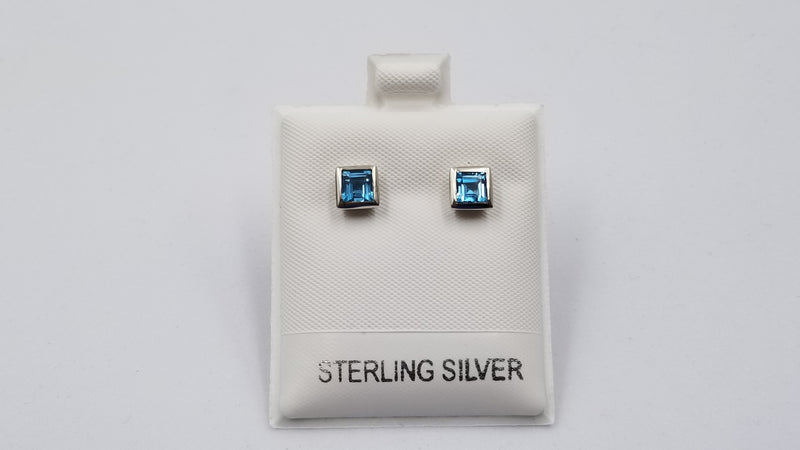 BLUE TOPAZ 4X4 MM SQUARE BEZEL SET STERLING SILVER STUDS EARRINGS