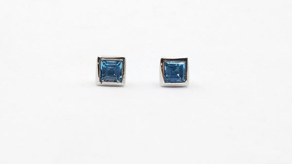 BLUE TOPAZ 4X4 MM SQUARE BEZEL SET STERLING SILVER STUDS EARRINGS