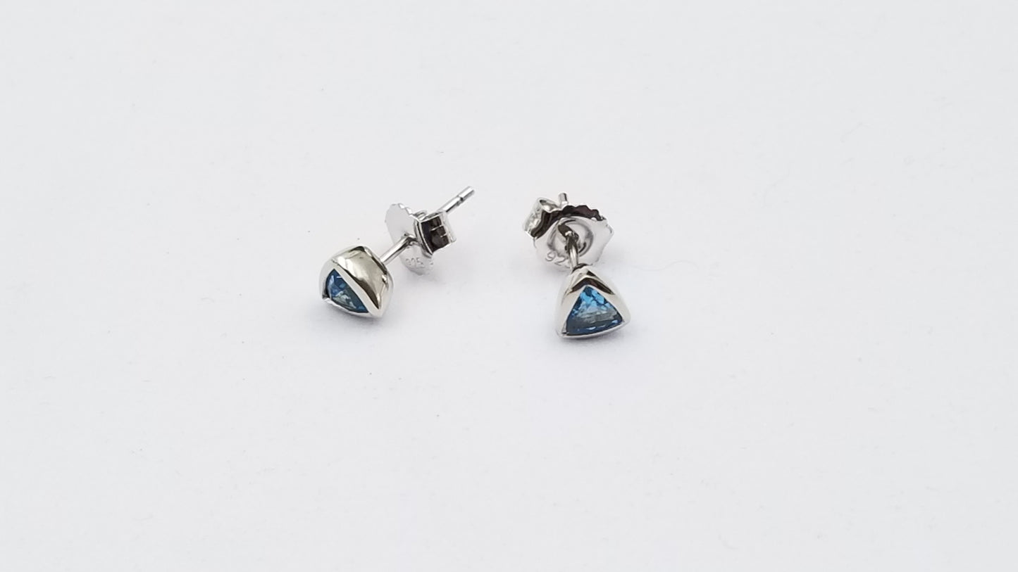 BLUE TOPAZ 4X4MM TRIANGLE BEZEL SET STERLING SILVER STUDS EARRINGS