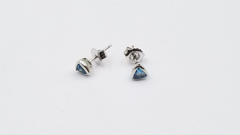 BLUE TOPAZ 4X4MM TRIANGLE BEZEL SET STERLING SILVER STUDS EARRINGS