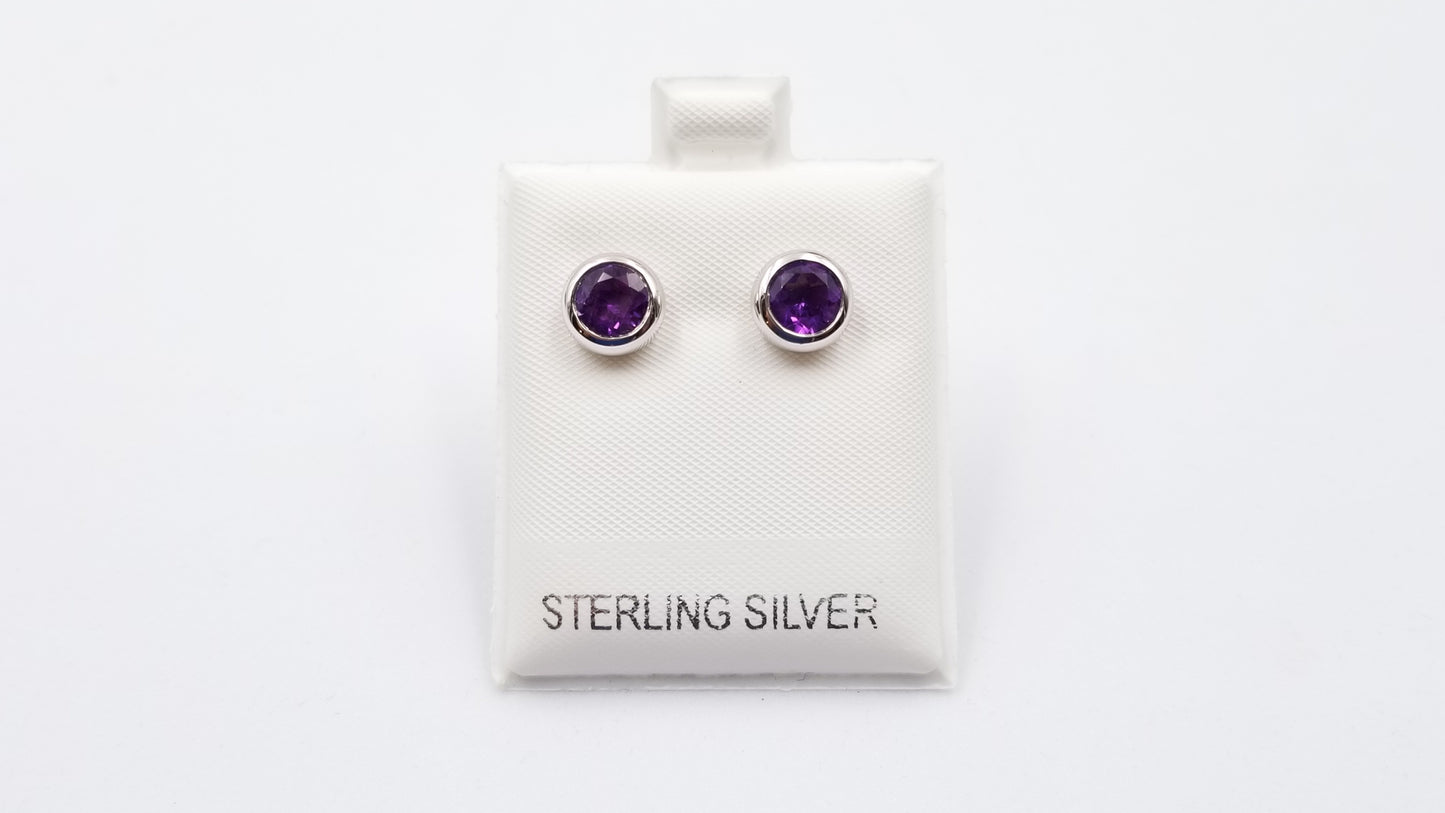 AMETHYST  6 MM ROUND BEZEL SET STERLING SILVER STUD EARRINGS