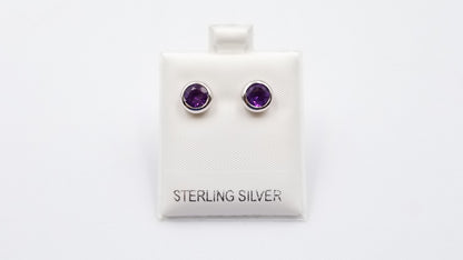 AMETHYST  6 MM ROUND BEZEL SET STERLING SILVER STUD EARRINGS