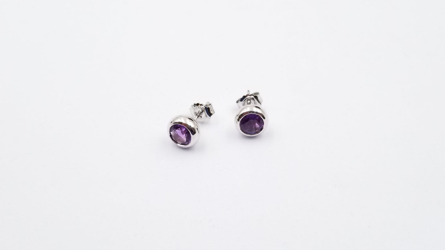AMETHYST  6 MM ROUND BEZEL SET STERLING SILVER STUD EARRINGS