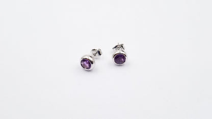AMETHYST  6 MM ROUND BEZEL SET STERLING SILVER STUD EARRINGS