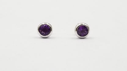 AMETHYST  6 MM ROUND BEZEL SET STERLING SILVER STUD EARRINGS
