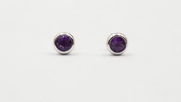 AMETHYST  6 MM ROUND BEZEL SET STERLING SILVER STUD EARRINGS