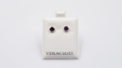 AMETHYST 4 MM ROUND BEZEL SET STERLING SILVER STUDS EARRINGS