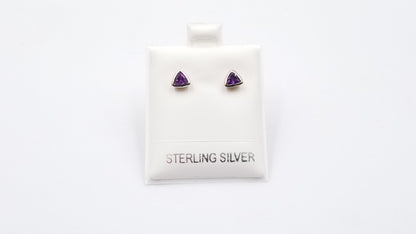 AMETHYST 4X4 MM TRIANGLE BEZEL SET SETLING SILVER STUDS EARRINGS