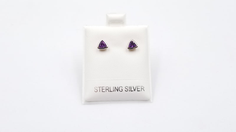 AMETHYST 4X4 MM TRIANGLE BEZEL SET SETLING SILVER STUDS EARRINGS