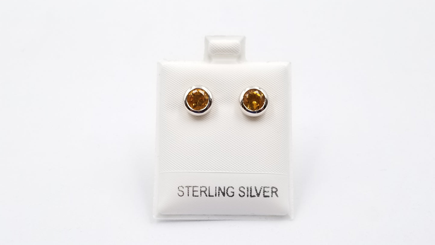 CITRINE 6 MM ROUND BEZEL SET STERLING SILVER STUDS EARRINGS