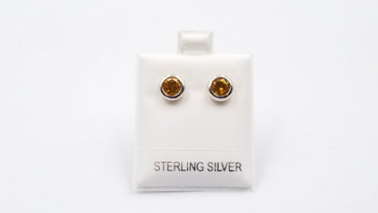 CITRINE 6 MM ROUND BEZEL SET STERLING SILVER STUDS EARRINGS