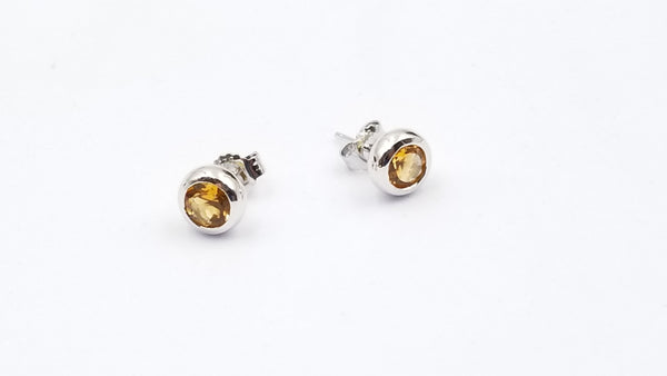 CITRINE 6 MM ROUND BEZEL SET STERLING SILVER STUDS EARRINGS